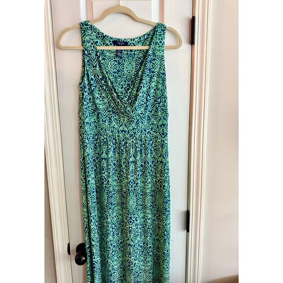 Chaps Ralph Lauren V Neck Green Blue Mandala Stretchy Maxi Dress size Medium - Picture 2 of 6
